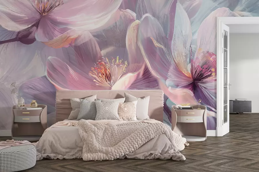 fototapeter Delikat gjennomsiktig pastell neon lys rosa og hvite blomster med myk, uskarp bakgrunn w01307