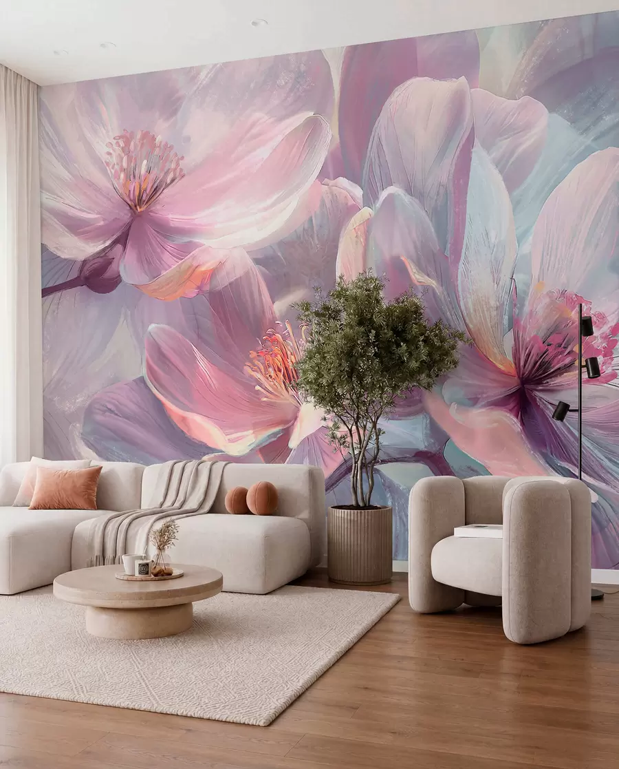 fototapeter Delikat gjennomsiktig pastell neon lys rosa og hvite blomster med myk, uskarp bakgrunn w01307