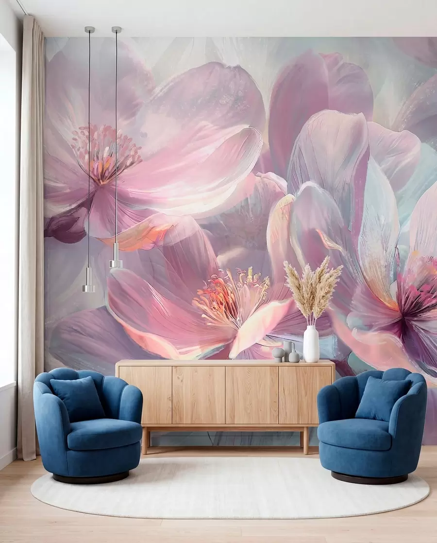 fototapeter Delikat gjennomsiktig pastell neon lys rosa og hvite blomster med myk, uskarp bakgrunn w01307
