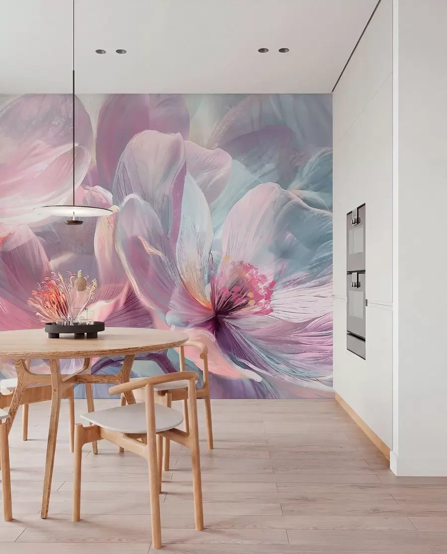 fototapeter Delikat gjennomsiktig pastell neon lys rosa og hvite blomster med myk, uskarp bakgrunn w01307