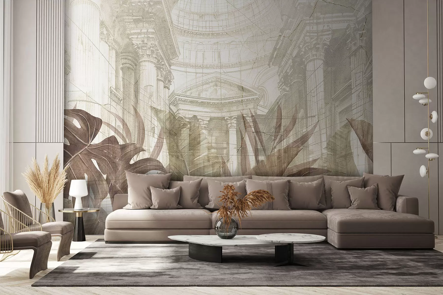 fototapeter En storslått tegning utsmykkede arkitektoniske marmorsøyler og frodige tropiske sepiaplanter  w01311v1