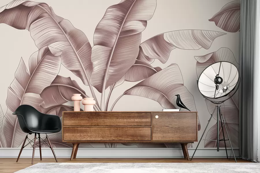 fototapeter tegnede store bananblader i pastellrosa w07877v1