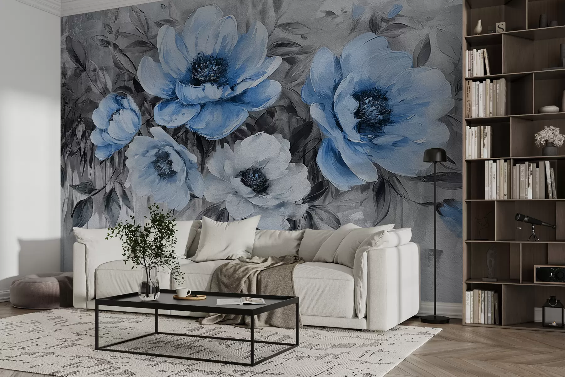 fototapeter abstrakt floral peoner akvarell myk blå og grå w07948v1