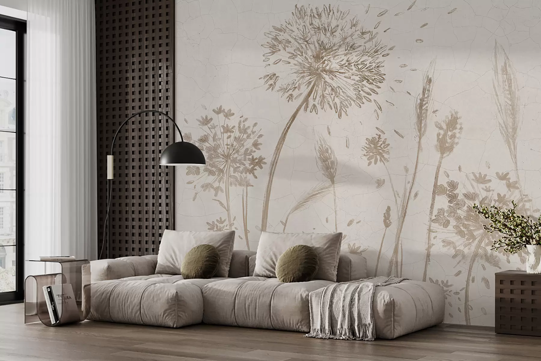 fototapeter Et felt med løvetann og andre markblomster mot en myk, disig bakgrunn w07921