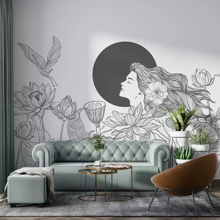 fototapeter Kvinne i naturen, strektegning, lotusblomster, store blader, flygende fugler, grå farge w07988v2