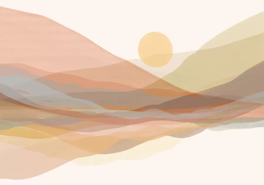 fototapeter Fjelllandskap med en varm sol på himmelen, bølgende åser i nyanser av oransje, gult og brunt w07976