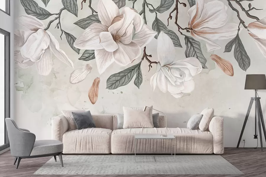 fototapeter Delikate rosa og hvite magnoliablomster med grønne blader på en lys bakgrunn, en myk, blomstersammensetning w07977