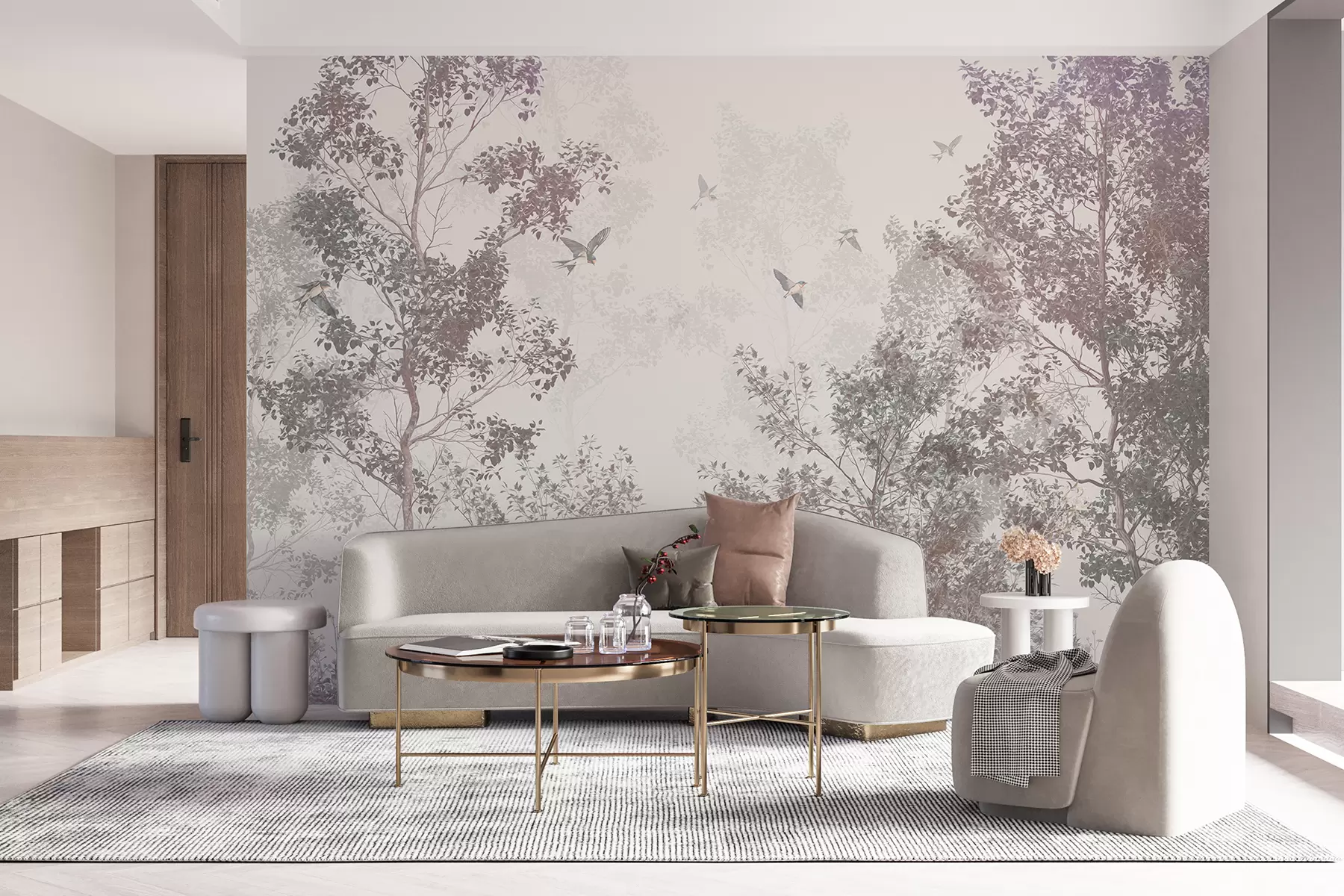 fototapeter Trær med brune og grå blader og grener med fugler som flyr på himmelen, hvit bakgrunn w07982