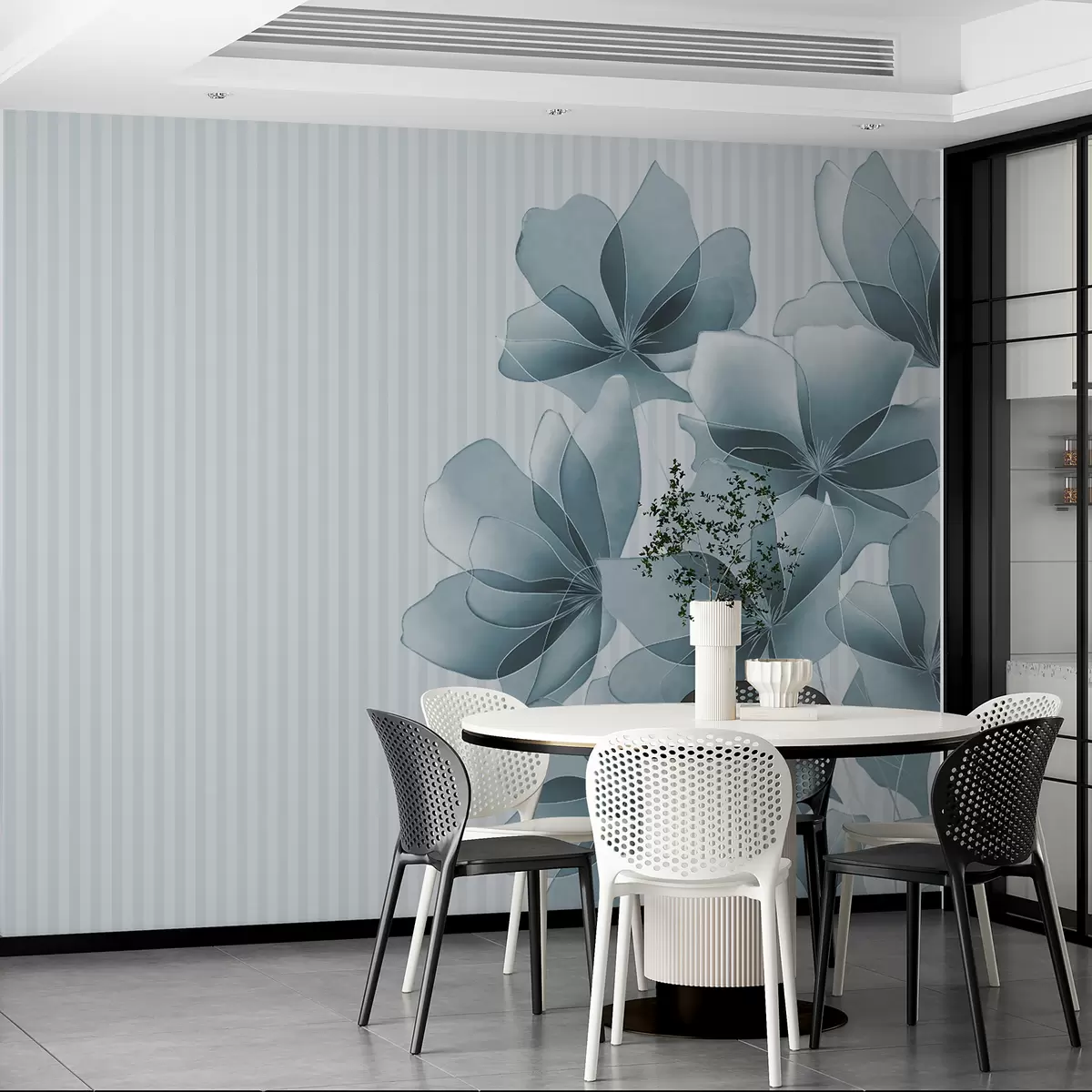 fototapeter delikate blå blomster på stripet bakgrunn w08040