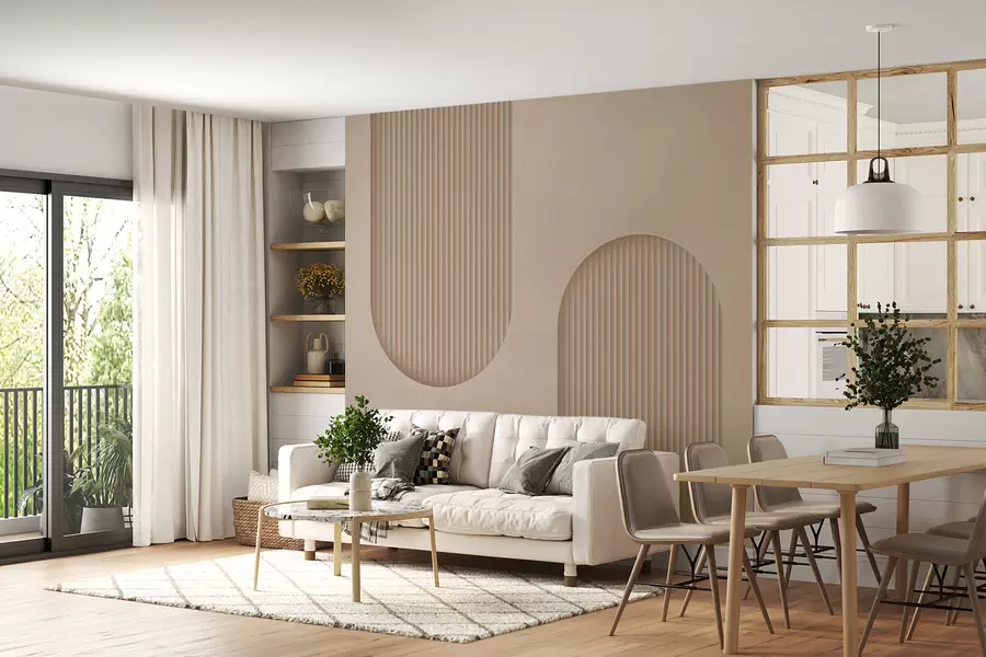 fototapeter Art Deco strukturtapet i varme beige toner. Imitasjon av volumetriske buer    w08048