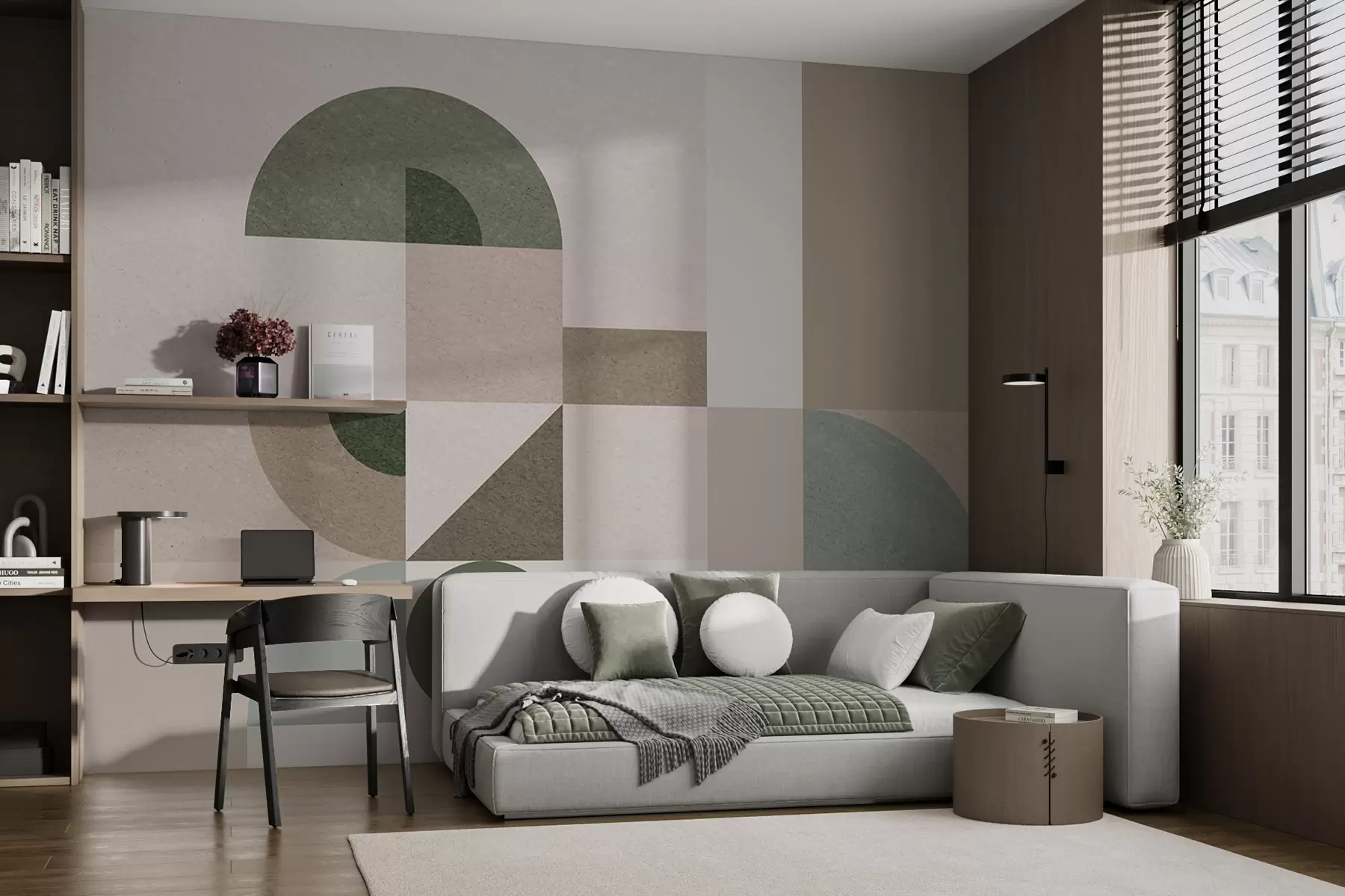 fototapeter Abstrakt teksturert geometri i art deco-stil i beige, brune og grønne nyanser w08049