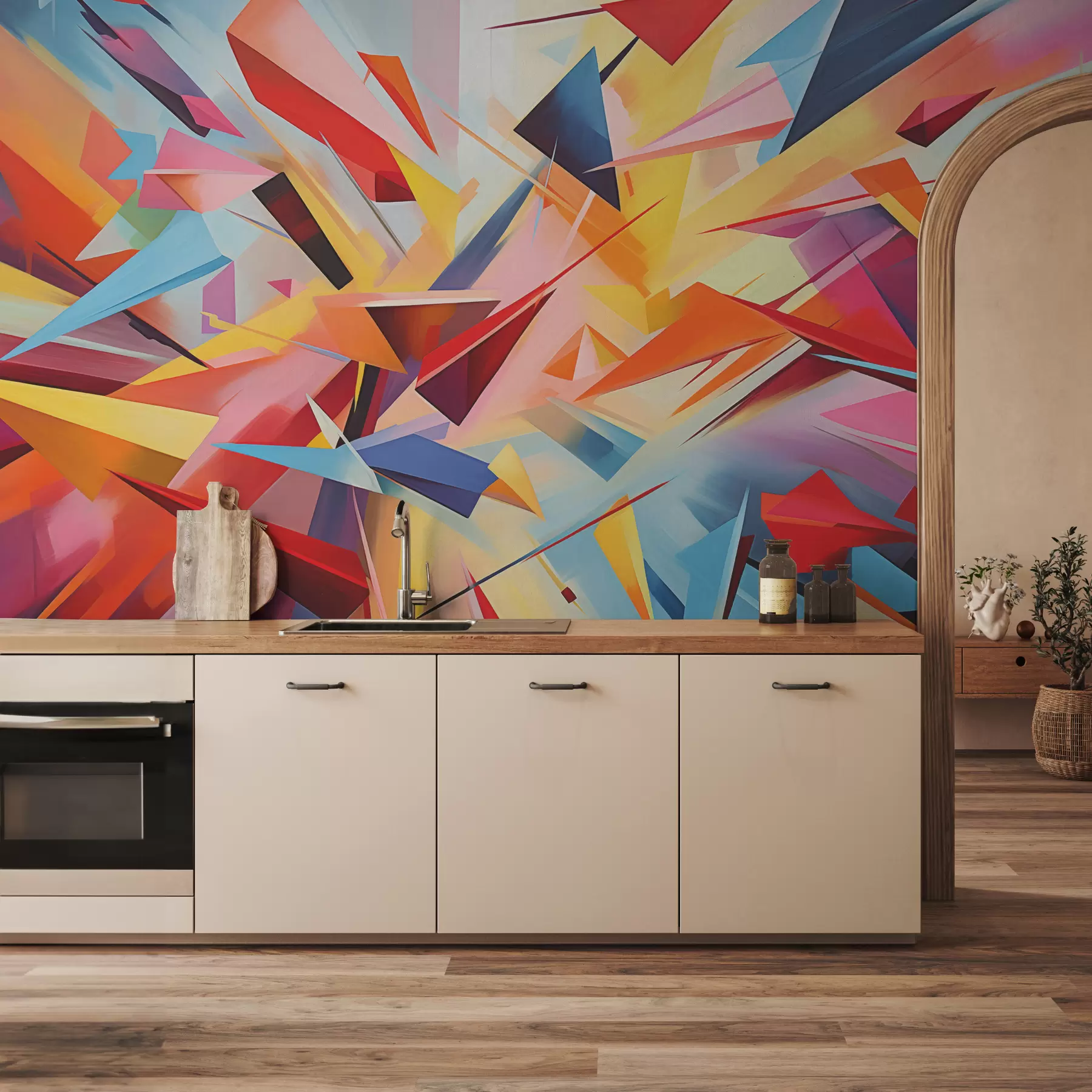 fototapeter Kaotisk abstraksjon av geometriske former, rosa, blått, gult w08030