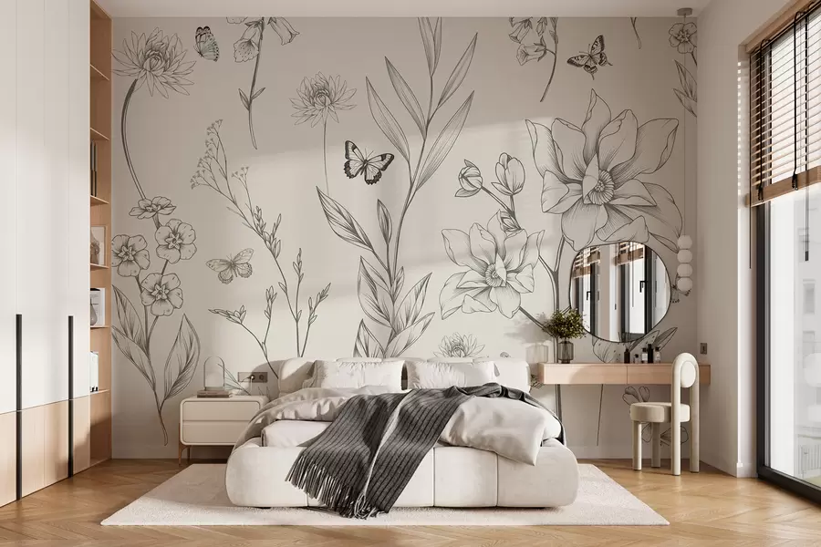 fototapeter Boho Monokrome blomster og sommerfugler w08088
