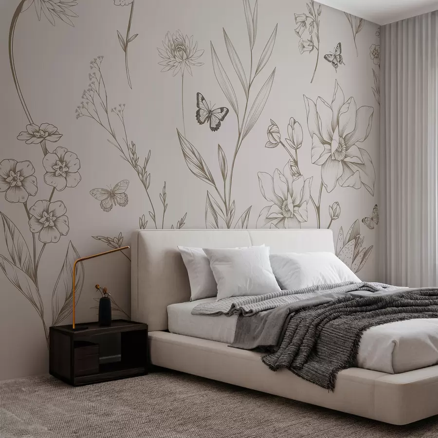 fototapeter Boho Monokrome blomster og sommerfugler i beige farge w08088v1