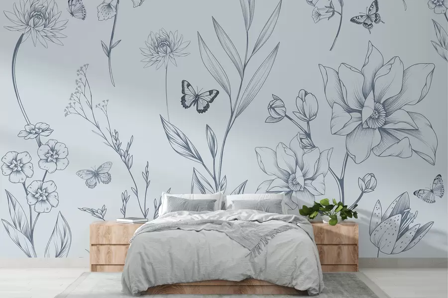 fototapeter Boho monokrome blomster og sommerfugler i blått w08088v2