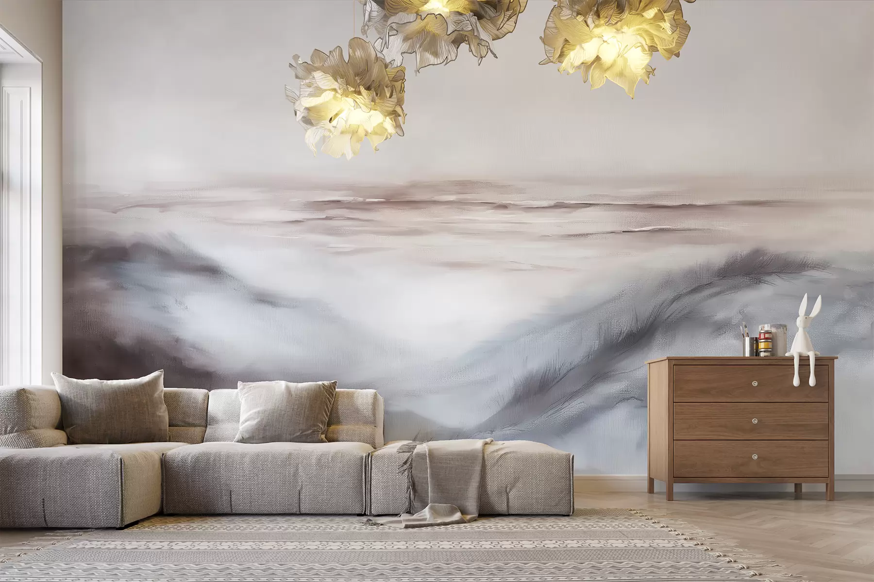 fototapeter Abstrakt landskap i pastellfarger, penselstrøk, strand, hav, grå fargepallet w08141