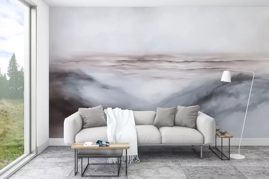 fototapeter Abstrakt landskap i pastellfarger, penselstrøk, strand, hav, grå fargepallet w08141