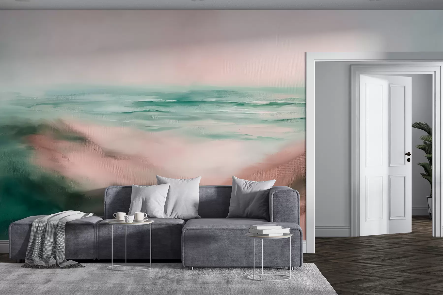 fototapeter Abstrakt landskap i pastellfarger, strand, hav, akvamarin og rosa fargepalett, penselstrøk w08141v2