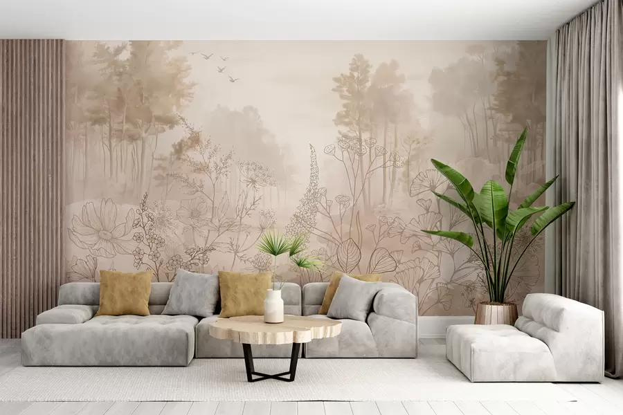 fototapeter Skoglandskap med ville blomster, strekkunst, realisme, trær, natur, beige fargepallet w08142