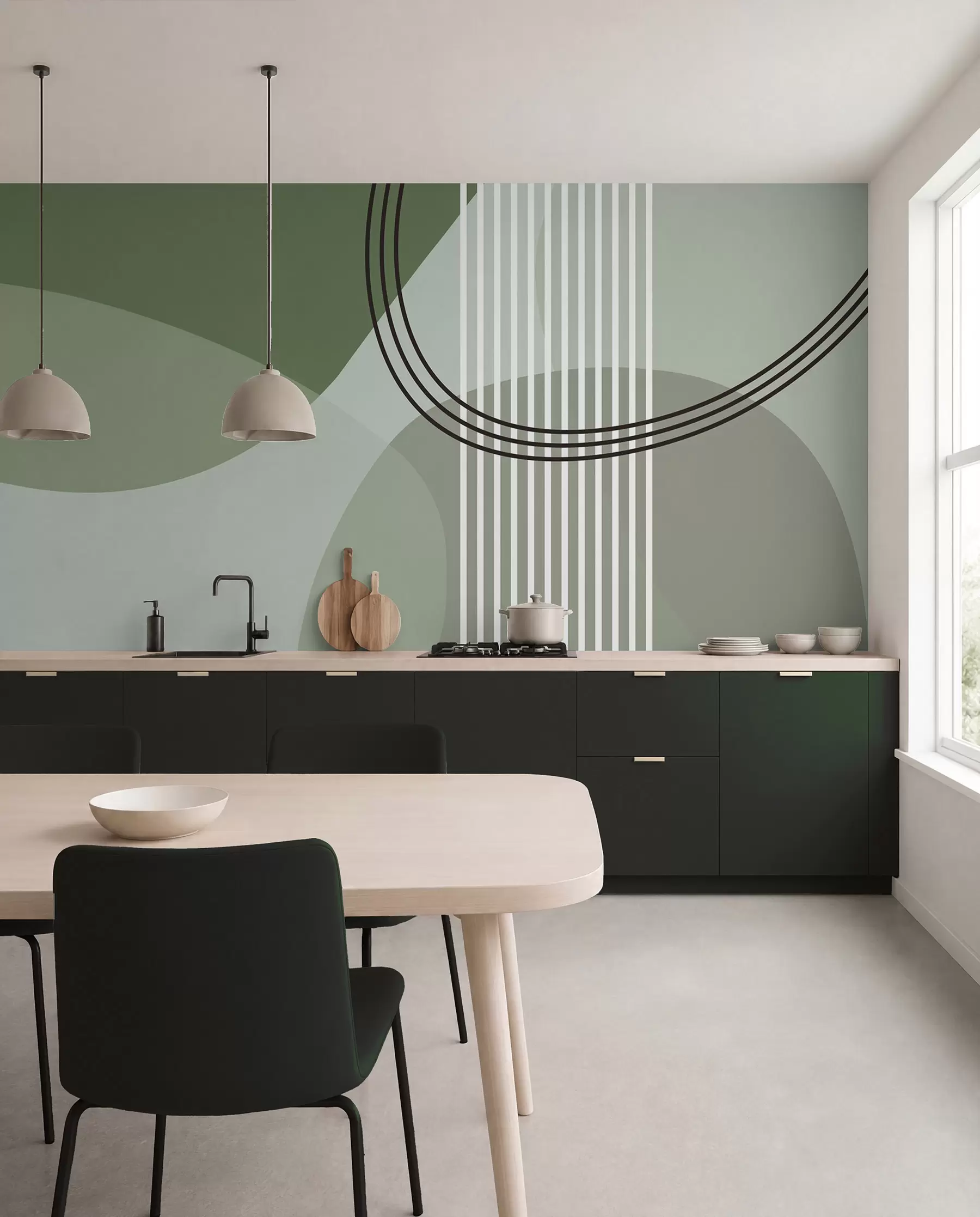 fototapeter Geometrisk abstraksjon linje og sirkel minimalisme moderne stil grønn farge w08173v1