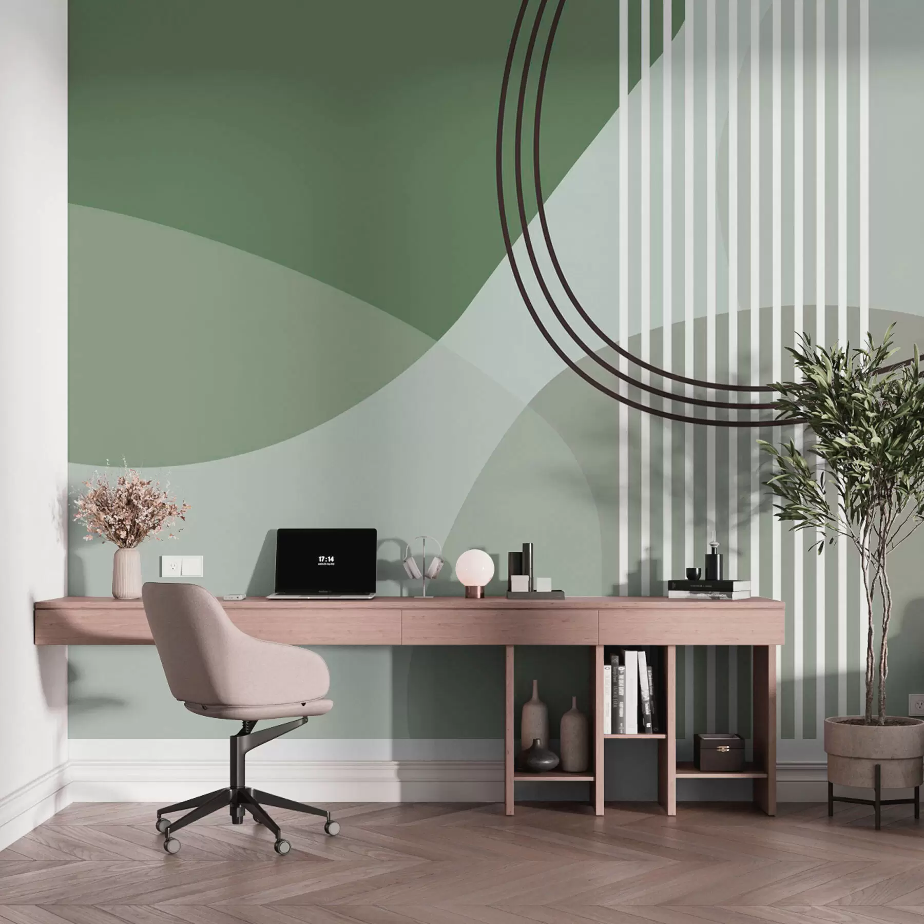 fototapeter Geometrisk abstraksjon linje og sirkel minimalisme moderne stil grønn farge w08173v1