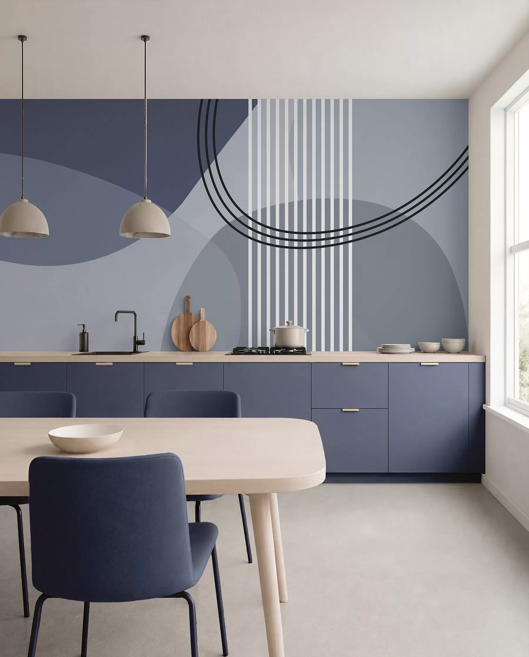 fototapeter Geometrisk abstraksjon linje og sirkel minimalisme moderne stil blå farge w08173v2