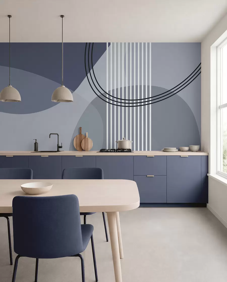 fototapeter Geometrisk abstraksjon linje og sirkel minimalisme moderne stil blå farge w08173v2