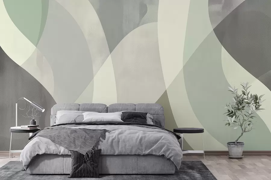 fototapeter Myke kurver i dempede toner med flytende linjer og grønne gradienter, minimalistisk og moderne w01334
