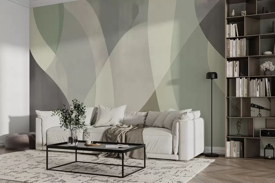fototapeter Myke kurver i dempede toner med flytende linjer og grønne gradienter, minimalistisk og moderne w01334