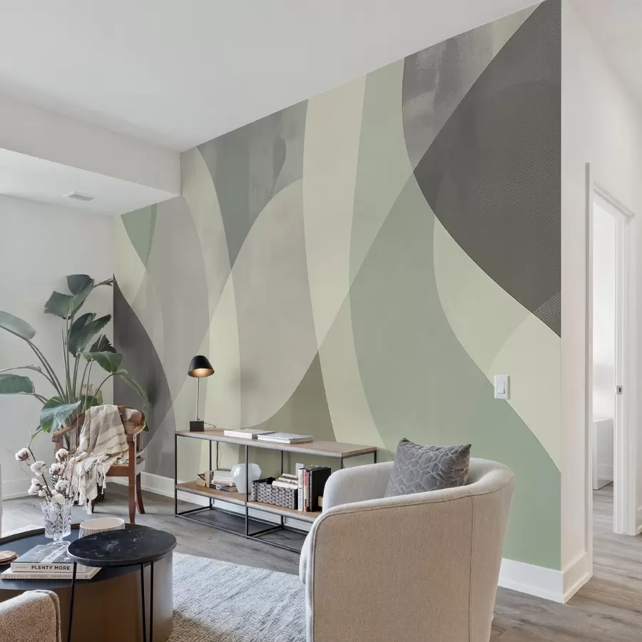 fototapeter Myke kurver i dempede toner med flytende linjer og grønne gradienter, minimalistisk og moderne w01334