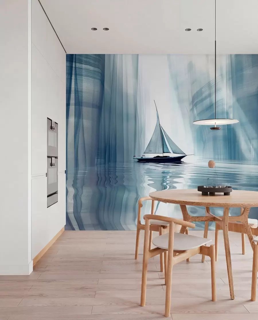 fototapeter Båt på vannet i futuristisk stil med blå farger w01338
