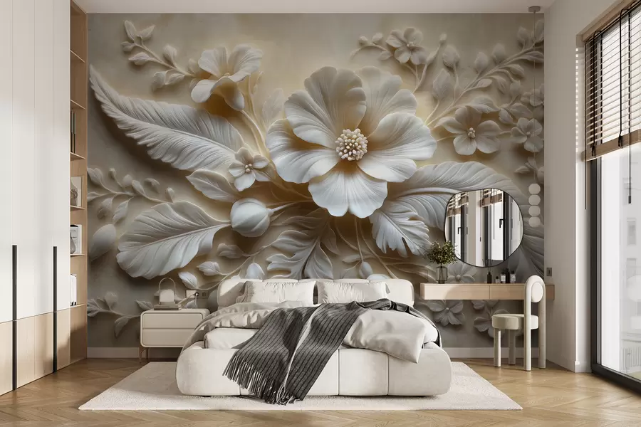 fototapeter 3D-relieffveggkunst med fjær og blomster, med en stor valmue i beige farger w01340