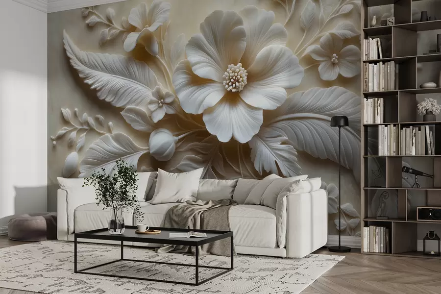 fototapeter 3D-relieffveggkunst med fjær og blomster, med en stor valmue i beige farger w01340