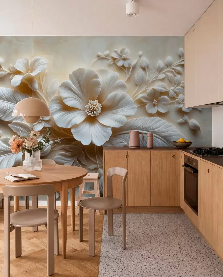 fototapeter 3D-relieffveggkunst med fjær og blomster, med en stor valmue i beige farger w01340