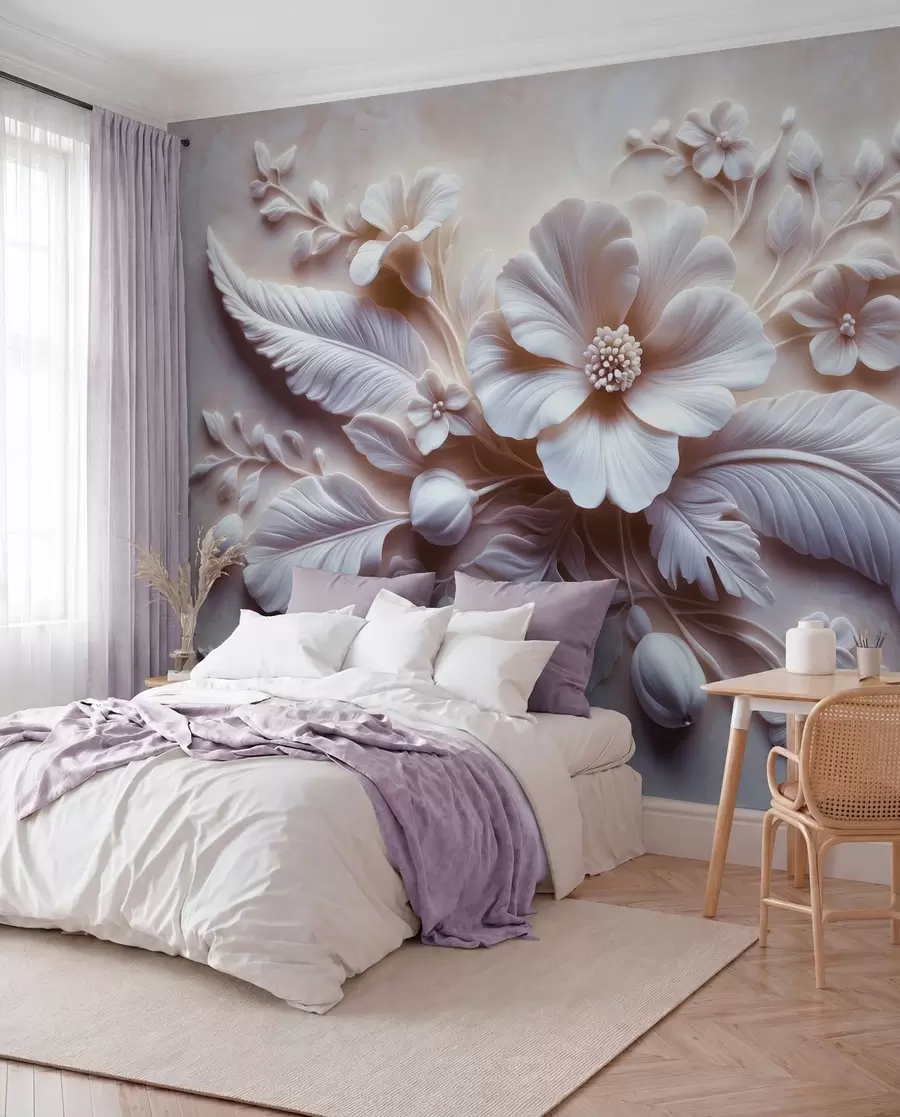 fototapeter 3D-relieffveggkunst med fjær og blomster, med en stor valmue i lys rosa farger w01340v1