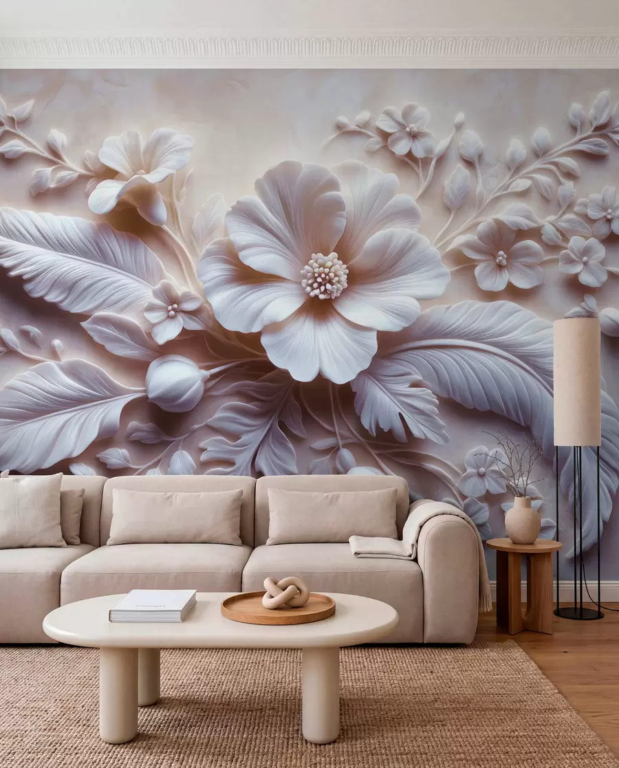 fototapeter 3D-relieffveggkunst med fjær og blomster, med en stor valmue i lys rosa farger w01340v1