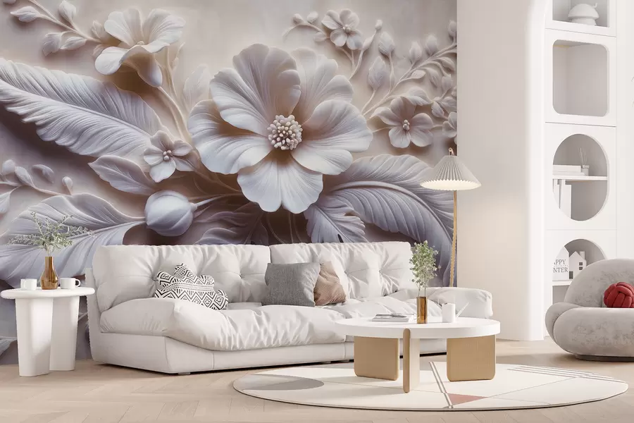 fototapeter 3D-relieffveggkunst med fjær og blomster, med en stor valmue i lys rosa farger w01340v1