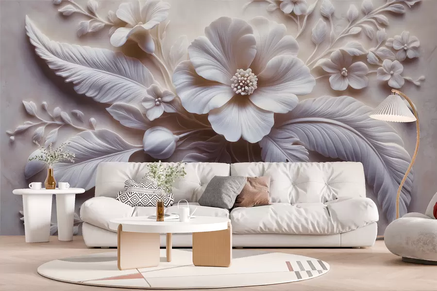 fototapeter 3D-relieffveggkunst med fjær og blomster, med en stor valmue i lys rosa farger w01340v1