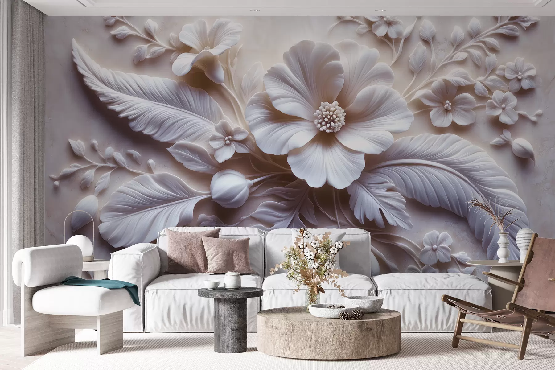 fototapeter 3D-relieffveggkunst med fjær og blomster, med en stor valmue i lys rosa farger w01340v1