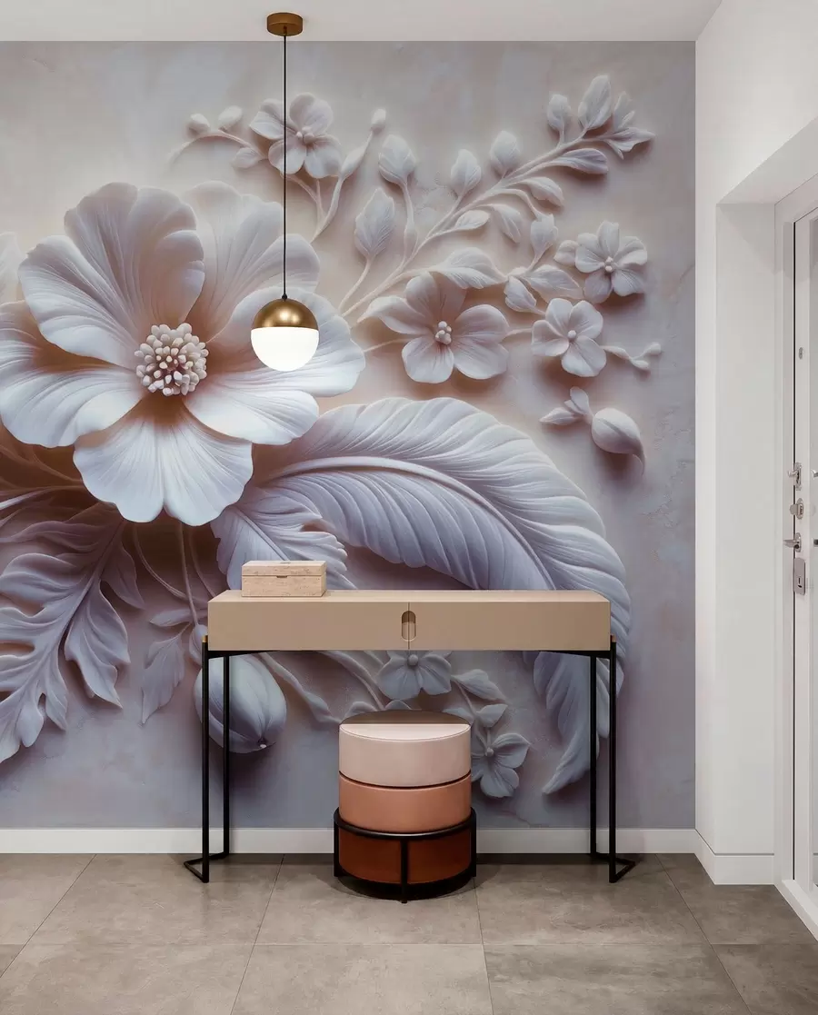 fototapeter 3D-relieffveggkunst med fjær og blomster, med en stor valmue i lys rosa farger w01340v1