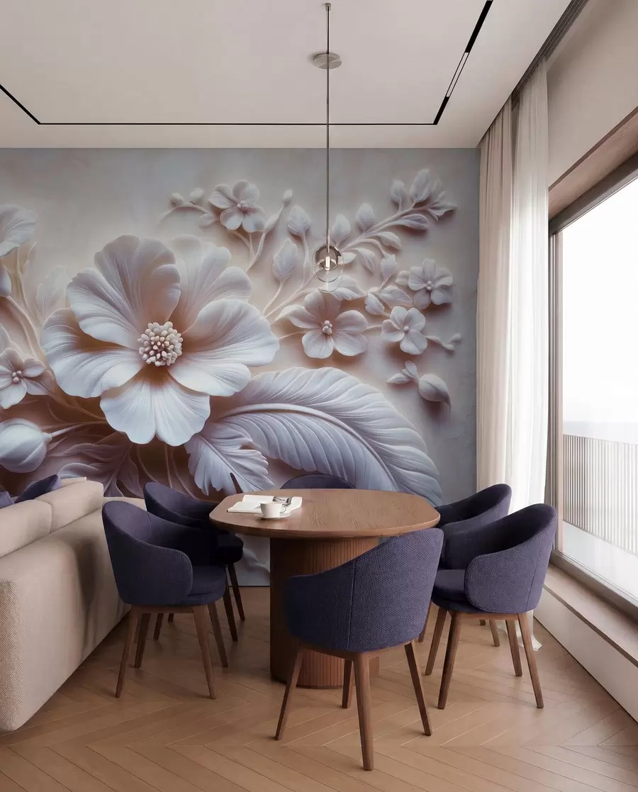 fototapeter 3D-relieffveggkunst med fjær og blomster, med en stor valmue i lys rosa farger w01340v1
