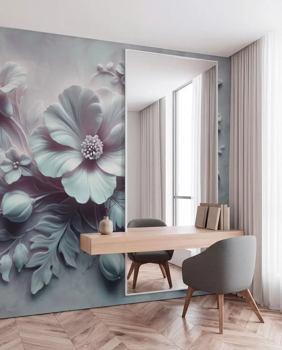 fototapeter 3D-relieffveggkunst med fjær og blomster, med en stor valmue i lyseblå farger w01340v2