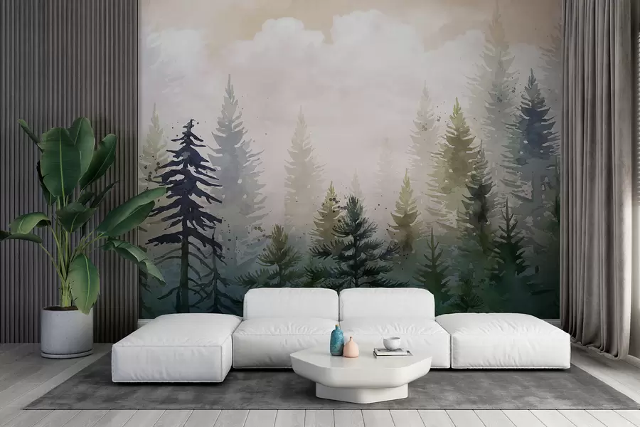 fototapeter Skog av høye eviggrønne furutrær i et tåkete miljø og fylt med mykt, disig skylandskap w08160