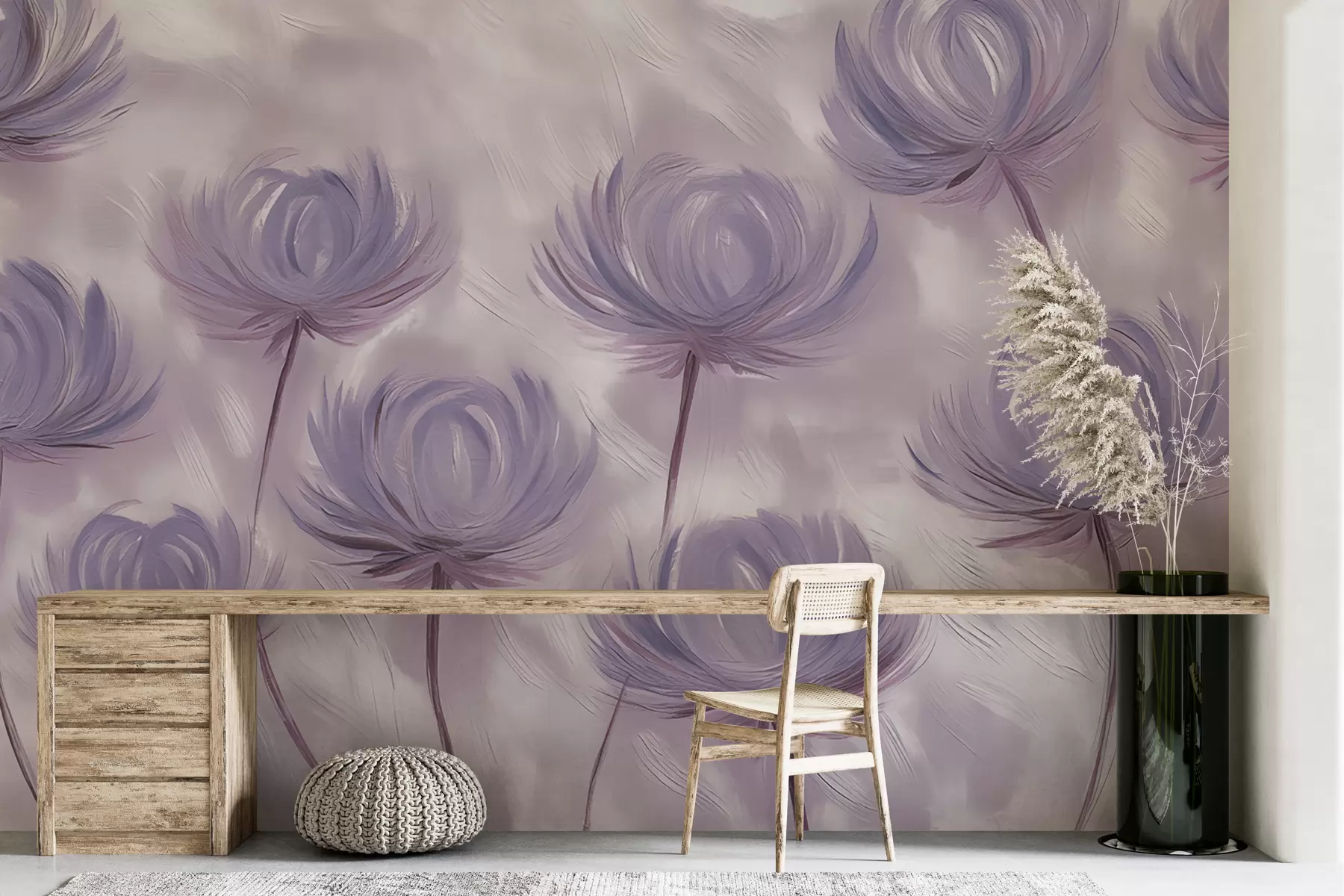 fototapeter abstrakte luftige malte blomster i lilla toner w01375