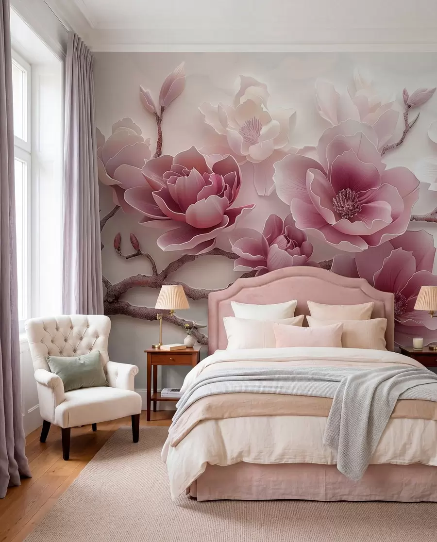 fototapeter Rosa pregede magnoliablomster på en grasiøs gren w01359v2