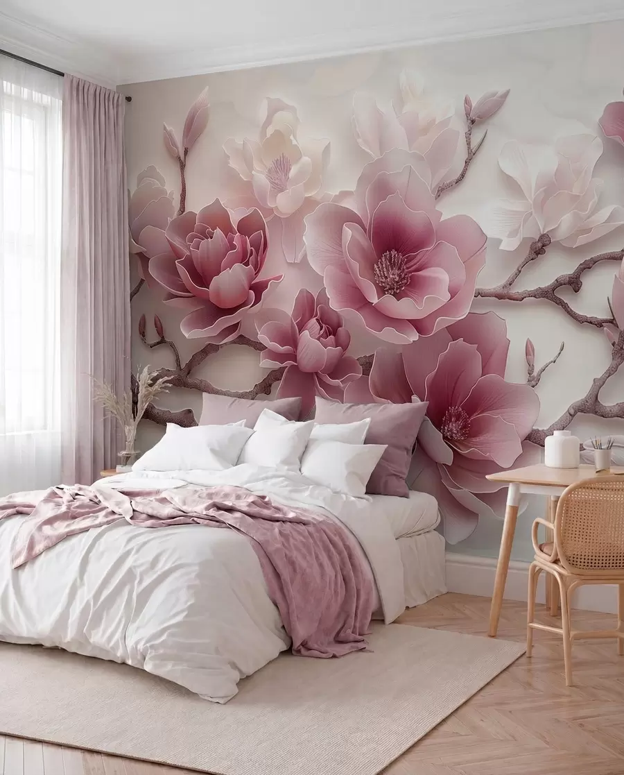 fototapeter Rosa pregede magnoliablomster på en grasiøs gren w01359v2