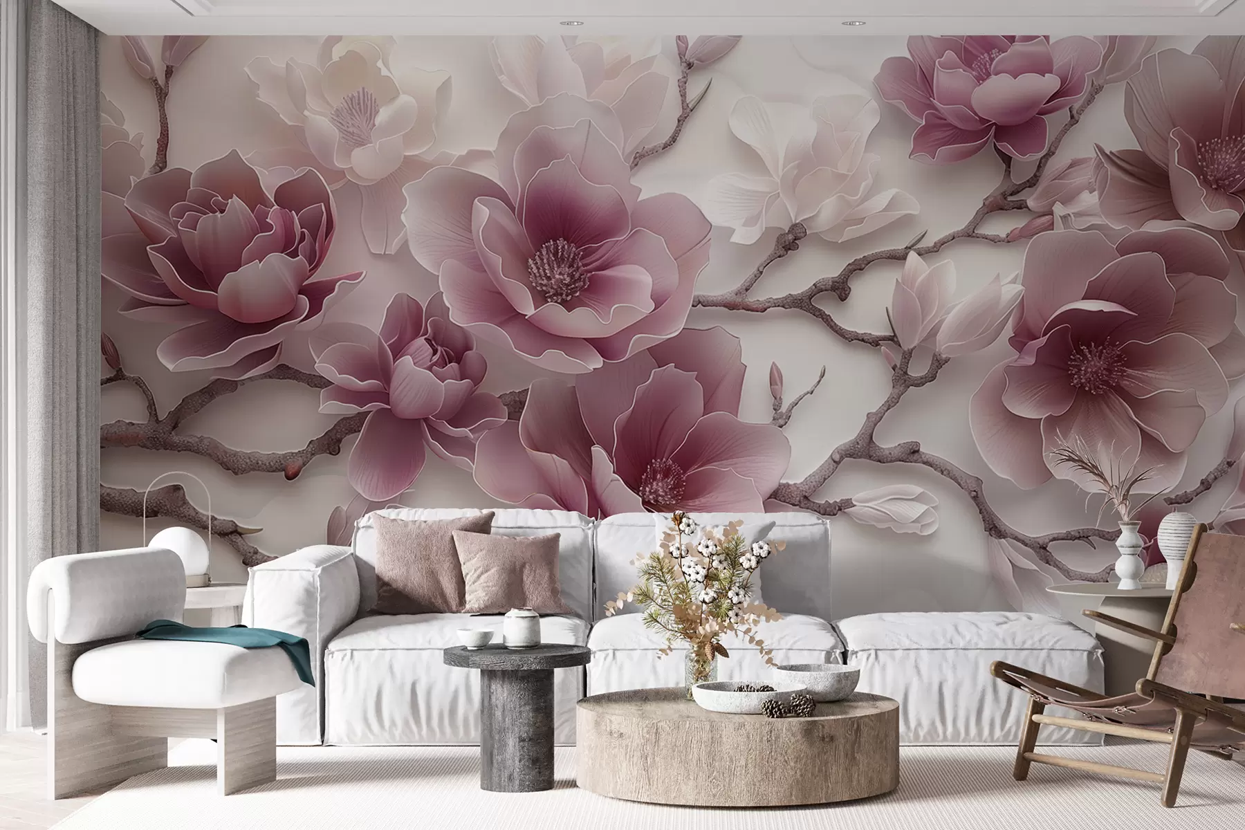fototapeter Rosa pregede magnoliablomster på en grasiøs gren w01359v2