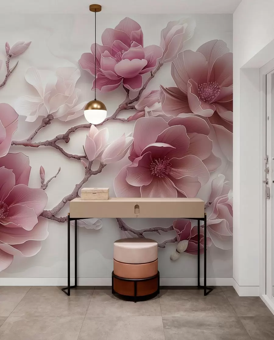 fototapeter Rosa pregede magnoliablomster på en grasiøs gren w01359v2