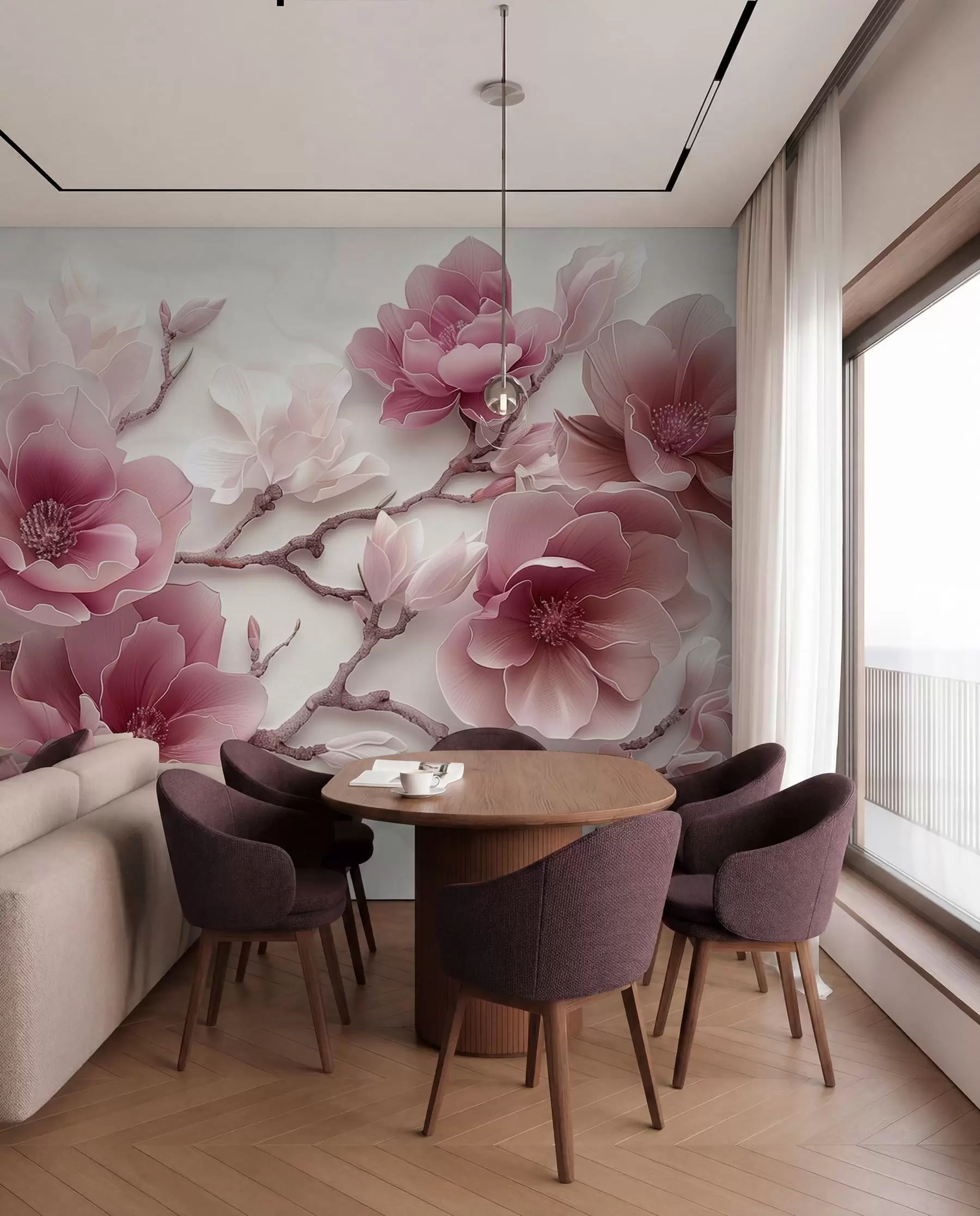fototapeter Rosa pregede magnoliablomster på en grasiøs gren w01359v2