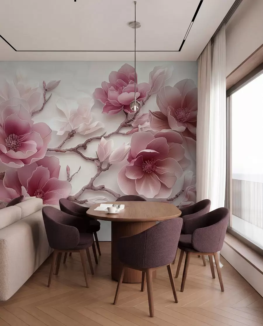 fototapeter Rosa pregede magnoliablomster på en grasiøs gren w01359v2
